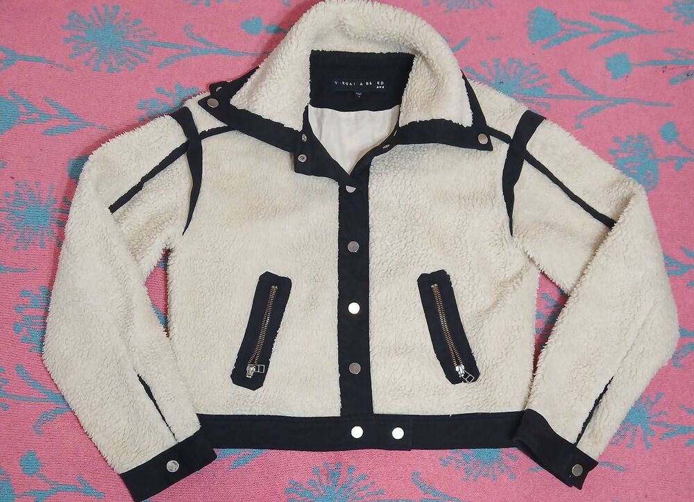 Veronica beard womens small teddy sherpa fleece cream black jacket cropped boxy